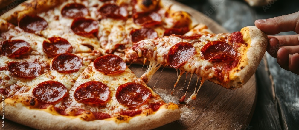 Delicious pepperoni pizza with melted cheese and a slice being pulled away on a wooden board. Delicious pepperoni pizza with melted cheese and a slice being pulled away on a wooden board.