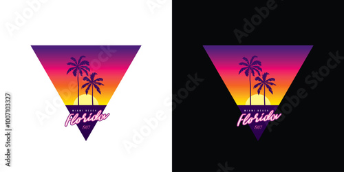 Hand drawn, not by AI! Original vector retro print. Palm trees on sunset background. T-shirt design.