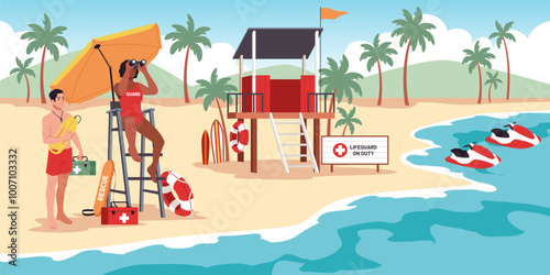 Rescuers keep an eye on floating people. Cartoon sea lifeguards work flat, rescue tower with beach umbrella, danger swimming on water, emergency characters on beach, tidy vector concept