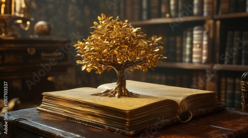 A golden tree growing from an old book, representing knowledge and education. photo