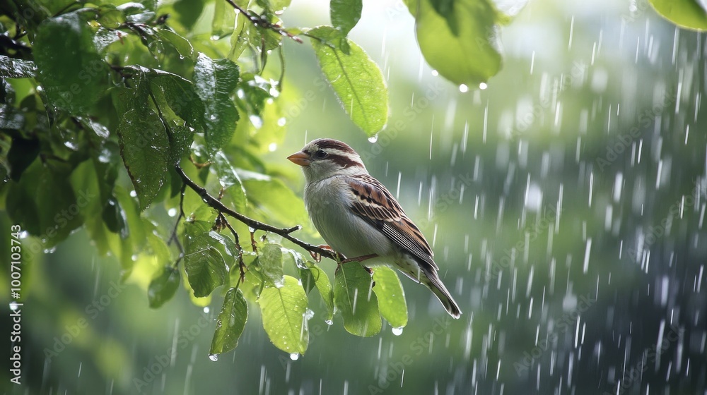 Obraz premium A little sparrow found shelter under a lime tree to stay dry during a heavy rain. It shows how birds naturally seek protection from the weather.