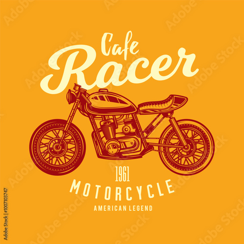 Cafe racer custom motorcycle. Original vector illustration in vintage style. T-shirt design. photo