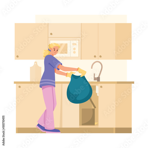Woman Character Throw Garbage Bag Do Cleanup at Home Vector Illustration