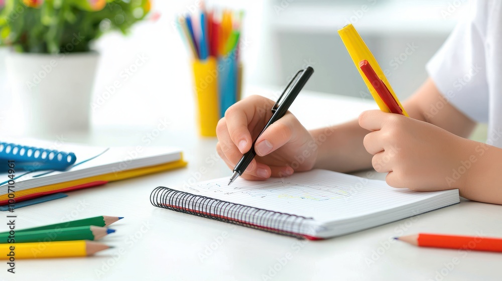 A focused middle school student working on a math problem, writing in a notebook with colorful school supplies on the desk. A focused middle school student working on a math problem, writing in a notebook with colorful school supplies on the desk.