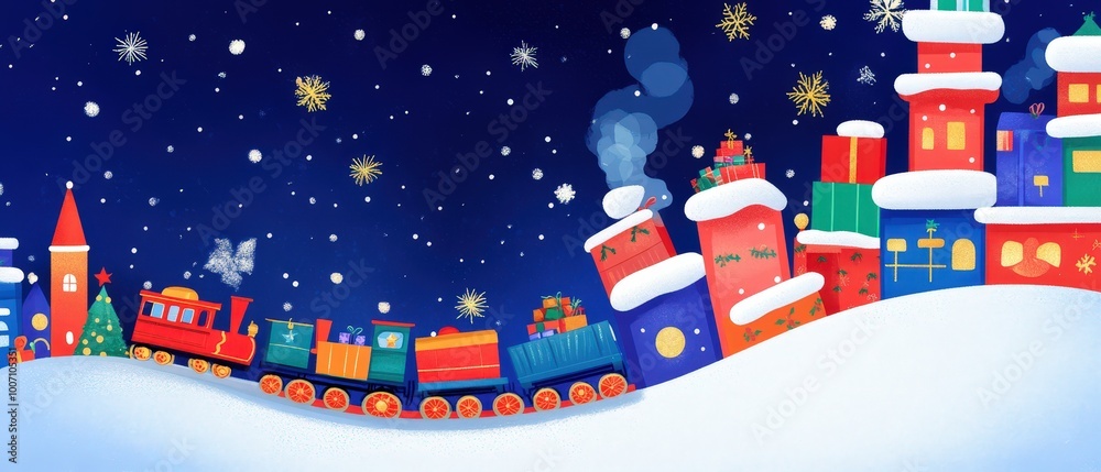 Fototapeta premium A train with a red engine and a blue car is traveling through a snowy landscape