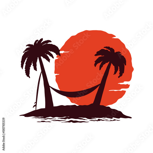 Palm trees, hammock and surfboard icon. Colored silhouette. Front side view. Vector simple flat graphic hand drawn illustration. Isolated object on white background. Isolate.