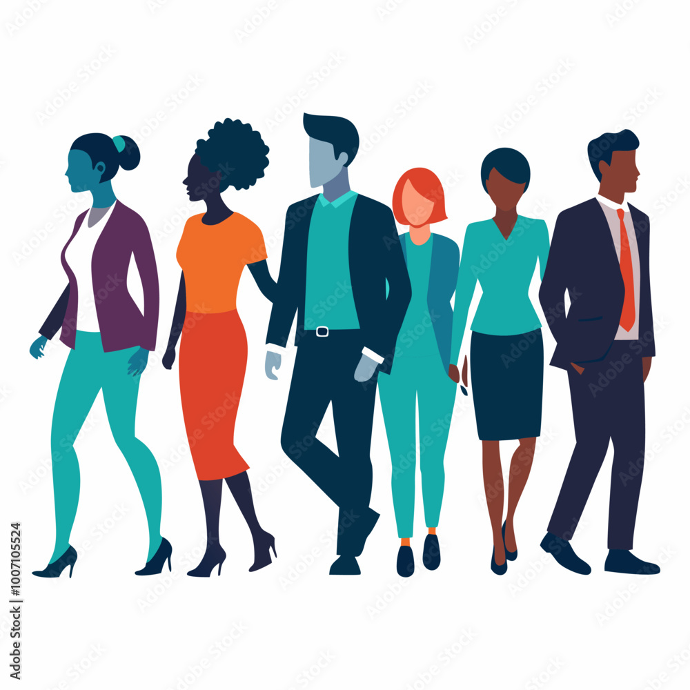 Fototapeta premium A diverse group of people walking together, representing unity and collaboration in the workplace. This vector illustration is perfect for themes of teamwork, inclusion, and diversity.
