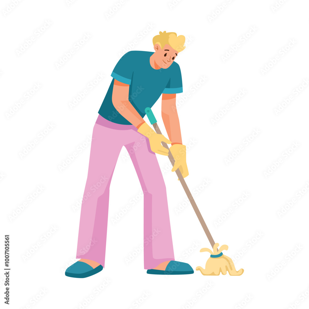 Man Character Mopping Floor Do Cleanup at Home Vector Illustration Man Character Mopping Floor Do Cleanup at Home Vector Illustration