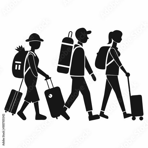 A simple black and white illustration of three people walking with luggage, representing travel, adventure, and exploring new places. The silhouette style emphasizes the journey and movement.