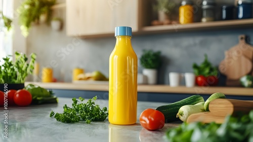 Healthy Yellow Juice Bottle on Kitchen Counter with Vegetables.