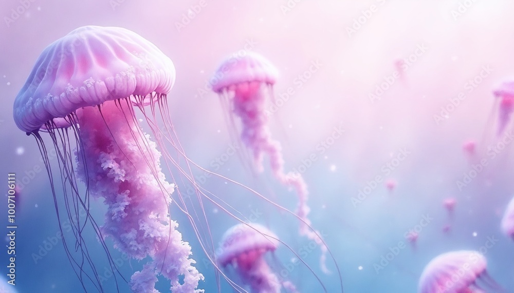 Naklejka premium Soft pink jellyfish, serene underwater background, dreamy ocean scene