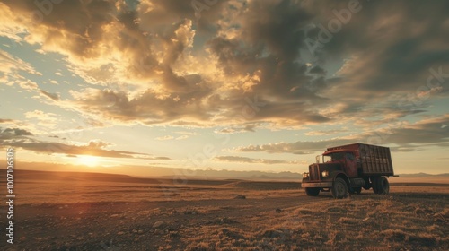 A red truck drives down a dirt road at sunset, with the sun setting behind it