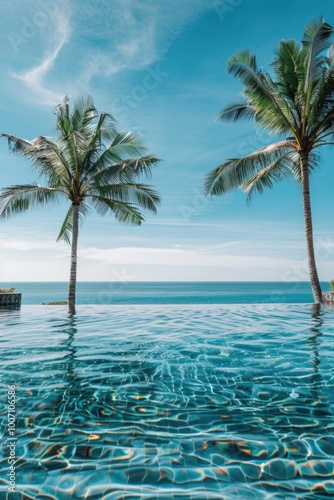 Two palm trees sit beside a swimming pool, perfect for summer scenes or tropical settings