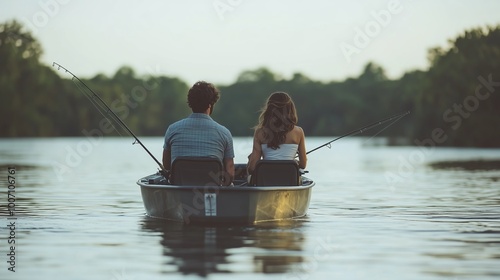 A couple enjoys fishing together on a tranquil lake at sunset, surrounded by lush trees and calm waters, creating a serene atmosphere