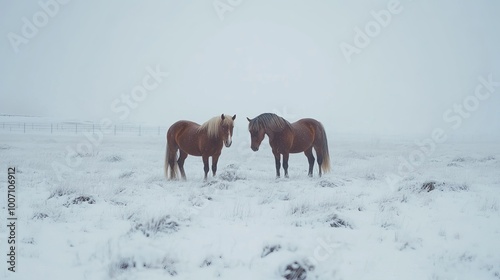 Adorable Icelandic horses playing in a snowy field during winter in Iceland.