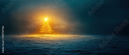 A Christmas tree is lit up in the snow