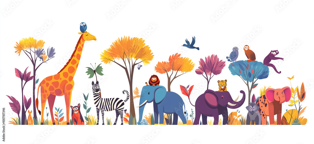 Vector illustration of various animals standing in front of trees Vector illustration of various animals standing in front of trees