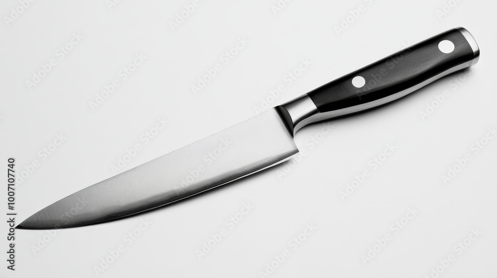 A sharp kitchen knife, all by itself, against a plain white backdrop. A sharp kitchen knife, all by itself, against a plain white backdrop.