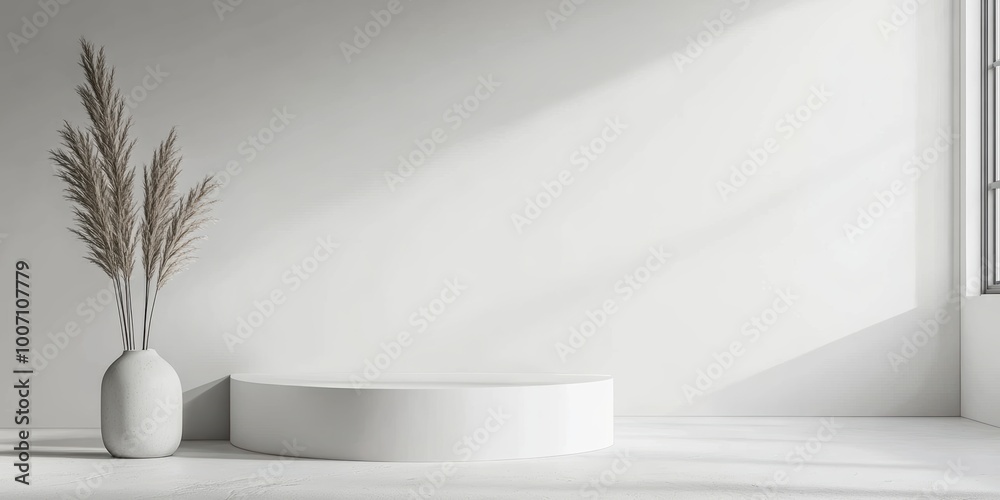 Minimalist interior with a vase and plants on a white background, perfect for modern decor inspiration.