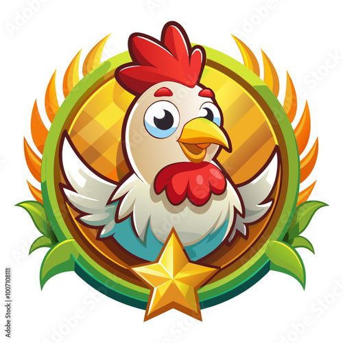 Cartoon Rooster with Gold Star in Green and Yellow Frame