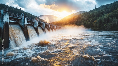 A large body of water with a waterfall and a sun in the sky