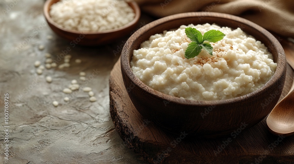 Creamy Rice Pudding in Wooden Bowl with Mint Garnish Creamy Rice Pudding in Wooden Bowl with Mint Garnish