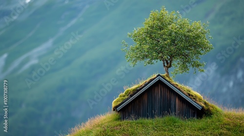 A small tree grows on the grassy roof of a house in Norway's Sunndalen valley.  The green and brown colors blend in beautifully. photo