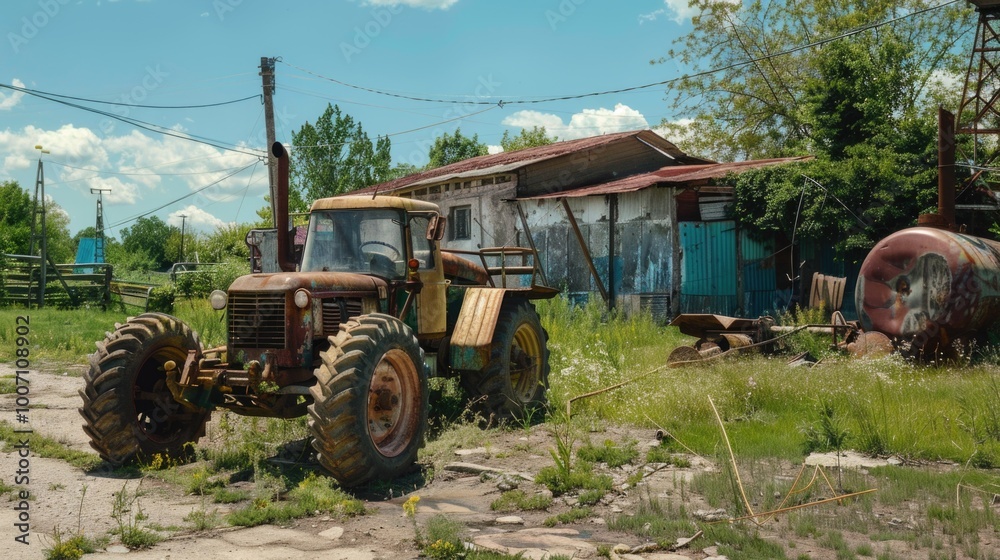 Old tractor parked outside a rundown building, great for nostalgic or rural scenes Old tractor parked outside a rundown building, great for nostalgic or rural scenes