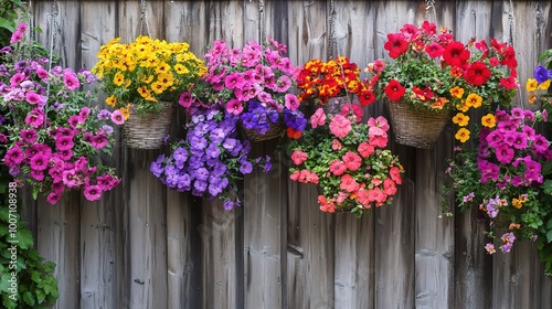 Vibrant Hanging Flower Baskets on Wooden Fence