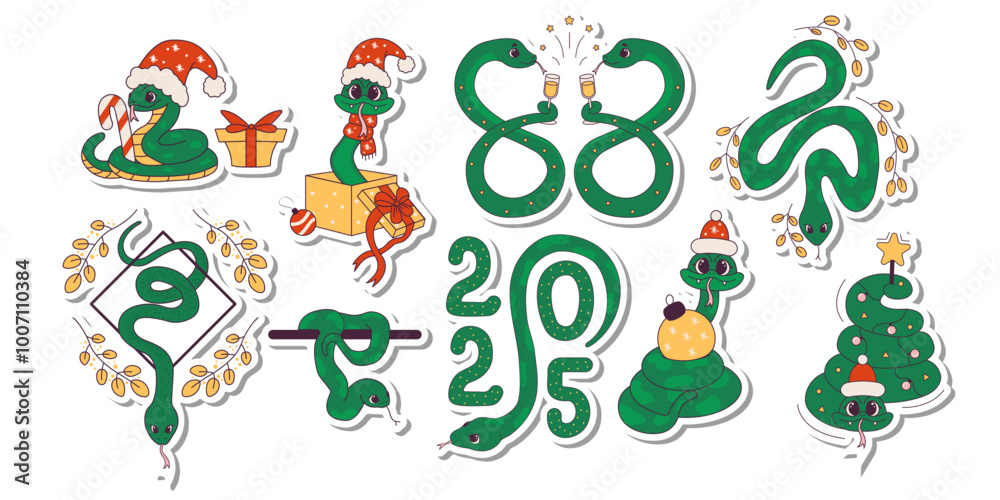 Fototapeta premium Set of stickers cute cartoon snakes. Chinese Lunar New Year, symbol of 2025. Wriggling snake in Santa Claus hat. Vector baby illustration.