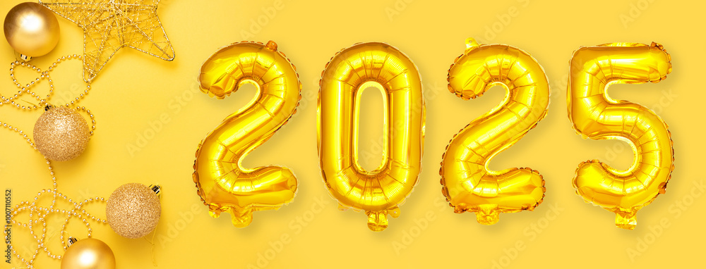 Red foil balloons with the number 2025. Happy new year and christmas holiday concept. Top view copy space. Red foil balloons with the number 2025. Happy new year and christmas holiday concept. Top view copy space.