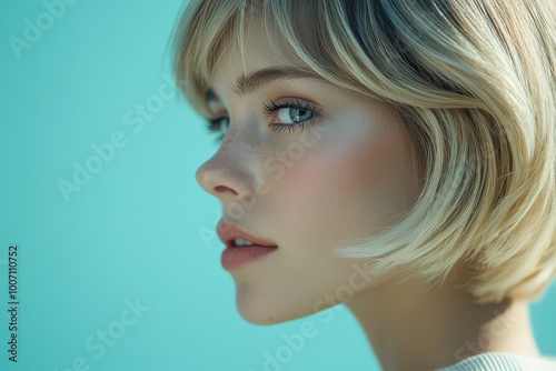 Portrait of woman with blonde bob hairstyle and clear blue eyes against a vibrant turquoise background