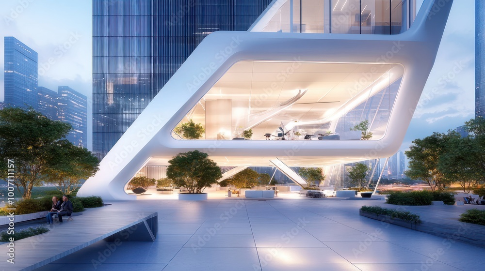A mid-rise office building with angular architecture and a spacious outdoor plaza, set in a commercial area. A mid-rise office building with angular architecture and a spacious outdoor plaza, set in a commercial area.