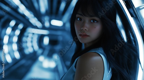 A futuristic background of a pretty beautiful Asian woman with a sleek, high-tech space environment photo