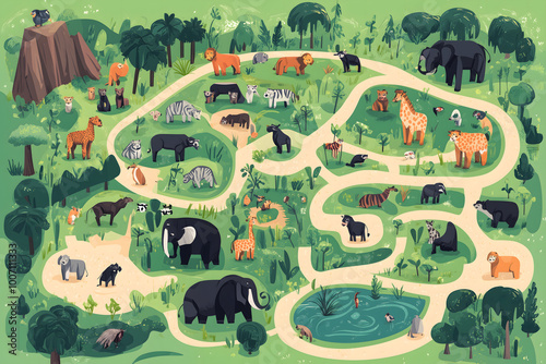 A map of the zoo with all its animals Zoo Map and Adventure Concept