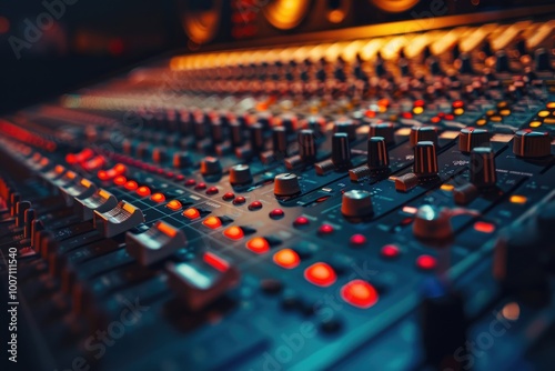 Close-up shot of a professional mixing board in a recording studio setting