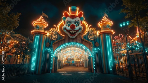 creepy amusement park at night time with giant clown face at entrance gate decorated with lights