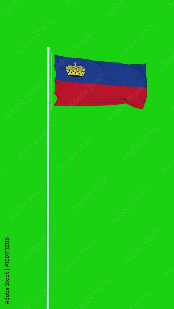 The Liechtenstein flag flutters in the wind on a green screen background. Vertical video The Liechtenstein flag flutters in the wind on a green screen background. Vertical video