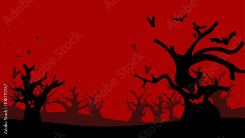 Halloween Background Creepy Tree Red Sky in Vector Art