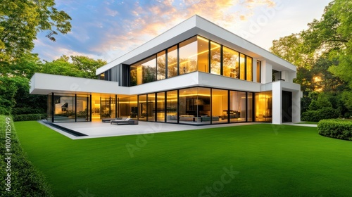 A minimalist house design with clean lines, large glass windows, and a manicured lawn, offering a modern aesthetic.