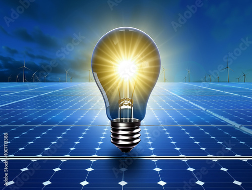 Burning light bulb on a blue background with solar panel and evening sky and windpower plant on the horizon. Alternative energy sources illustration photo