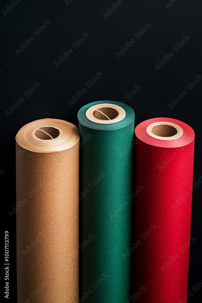 Three rolls of wrapping paper in brown, green, and red are displayed together, perfect for festive gift wrapping Three rolls of wrapping paper in brown, green, and red are displayed together, perfect for festive gift wrapping