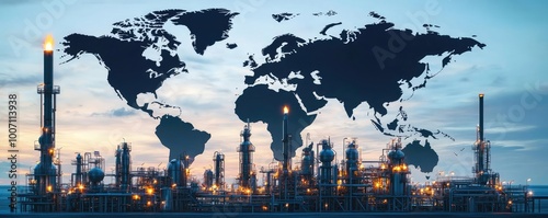 Industrial skyline featuring oil refineries with a world map overlay, representing global energy and manufacturing sectors.