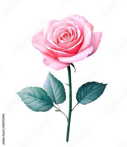 Beautiful pink rose with leaves, white isolate background