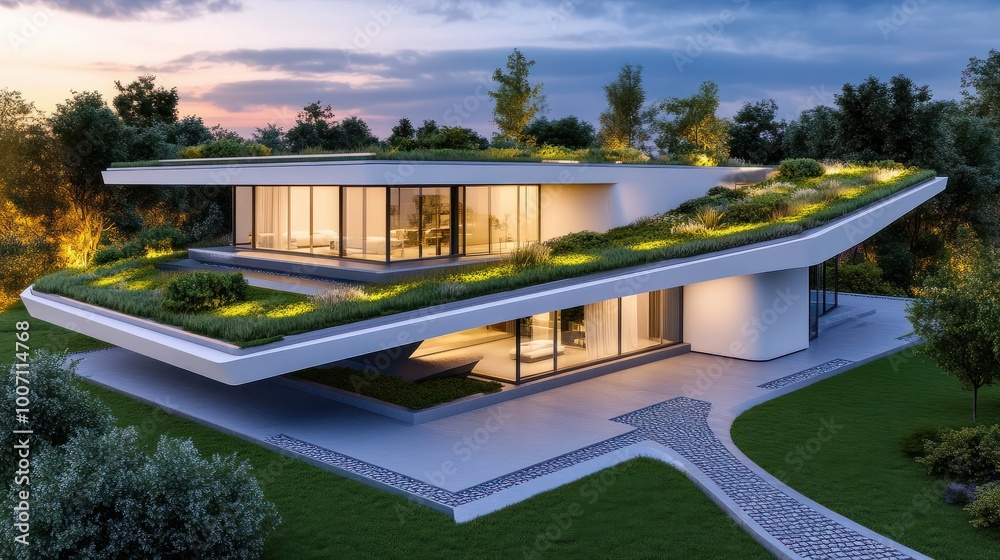 A modern house roof with a clean, flat design and green rooftop garden, showing eco-friendly architecture. A modern house roof with a clean, flat design and green rooftop garden, showing eco-friendly architecture.