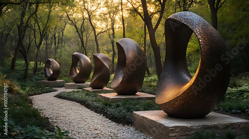A pathway through a garden with five bronze sculptures in a row, with a golden sunset in the background.