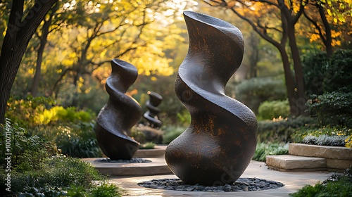 Three abstract bronze sculptures stand on a stone pathway in a garden, bathed in warm, golden light.