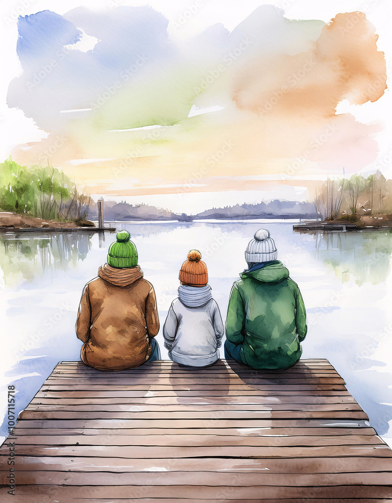 Obraz premium Three figures sit on a dock, gazing at a tranquil water scene