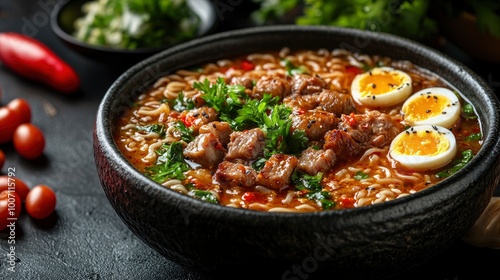 Spicy Ramen Noodle Soup with Meat and Egg