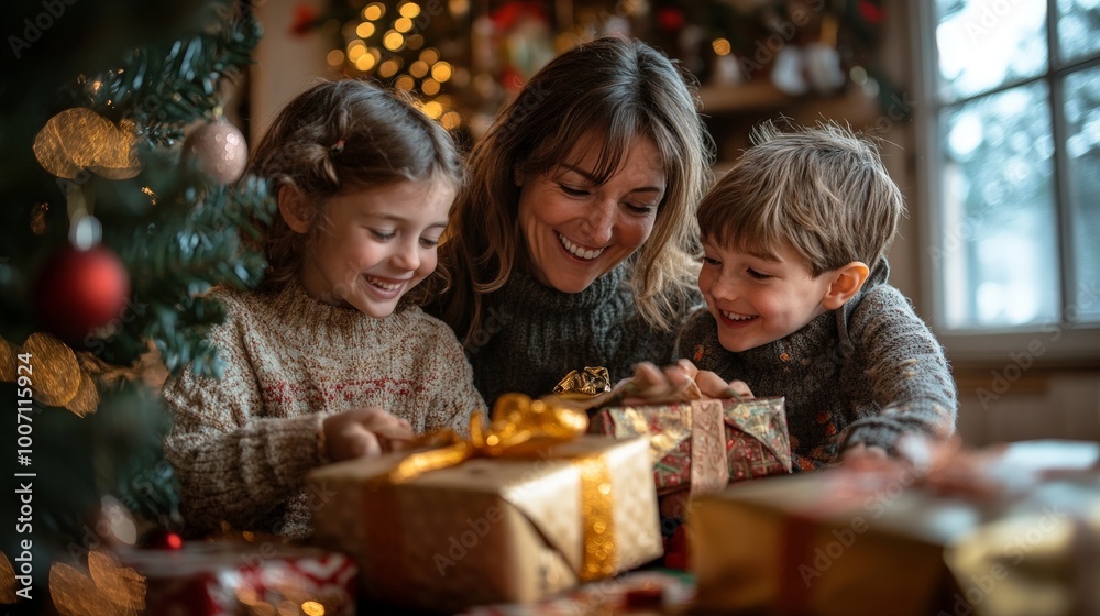 A family gathered around a Christmas tree A family gathered around a Christmas tree